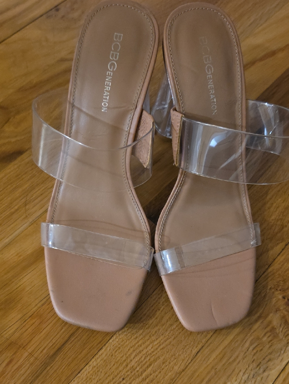 BCBGeneration Clear Strap Slide Sandals in Nude/Tan